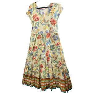 Soft Surroundings Women‎ L Tiered Maxi Dress Cream Floral Viscose Boho Bohemian
